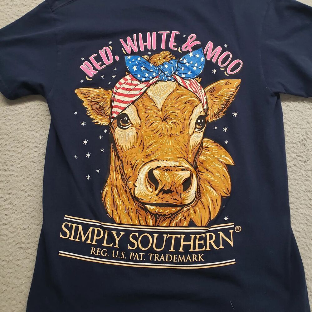 Simply Southern‎ Shirt Womens Small Blue Spellout Logo Cow Red White Moo USA